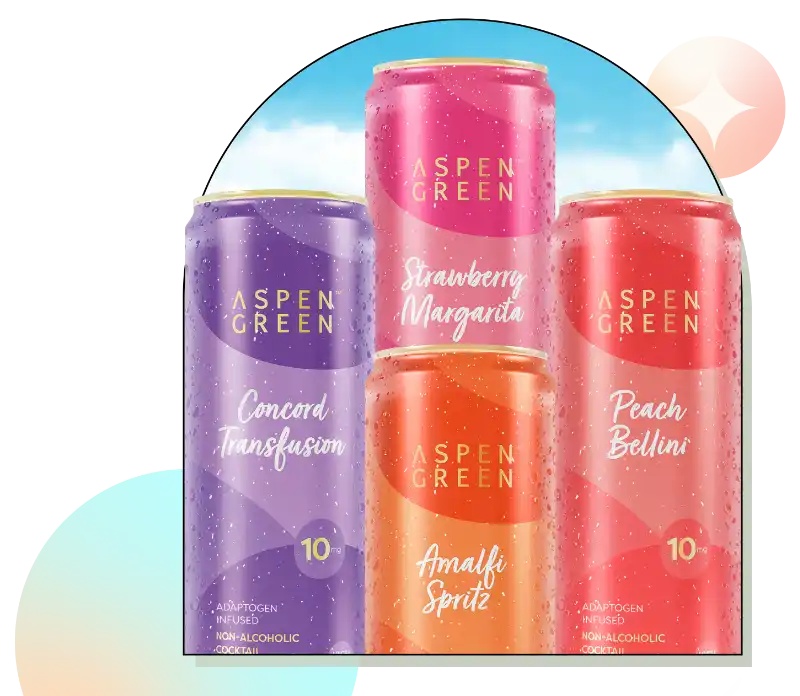Four Aspen Green 10mg THC drinks against blue sky with arch border, showcasing THC beverages.