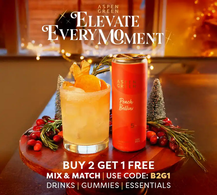 Buy 2 Get 1 free banner for Aspen Green drinks with a cocktail and can on a table, featuring holiday decorations.