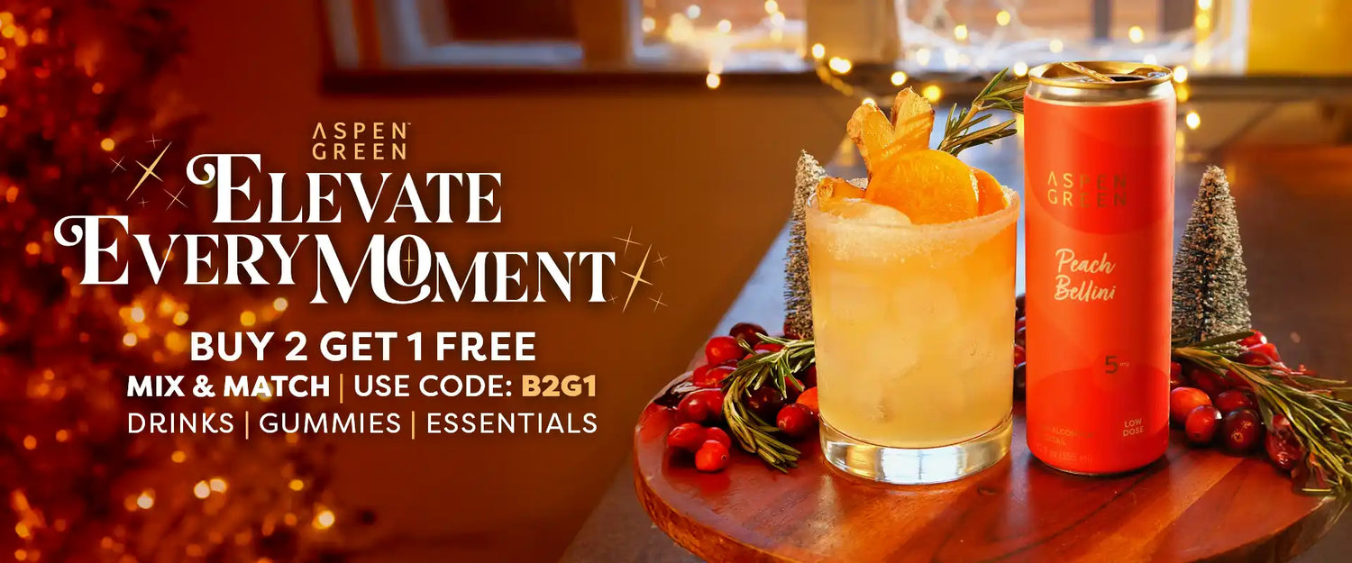 Buy 2 Get 1 free banner for Aspen Green drinks with a cocktail and can on a table, featuring holiday decorations.