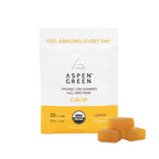 Aspen Green Organic CBD Gummies - Calm (25mg CBD) Lemon Flavor Sample Pack with Three Gummies Next to It
