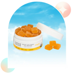 Open jar of Aspen Green Calm Full Spectrum CBD Gummies with 3 gummies beside it; USDA Certified Organic, Lemon flavor, 30 count.