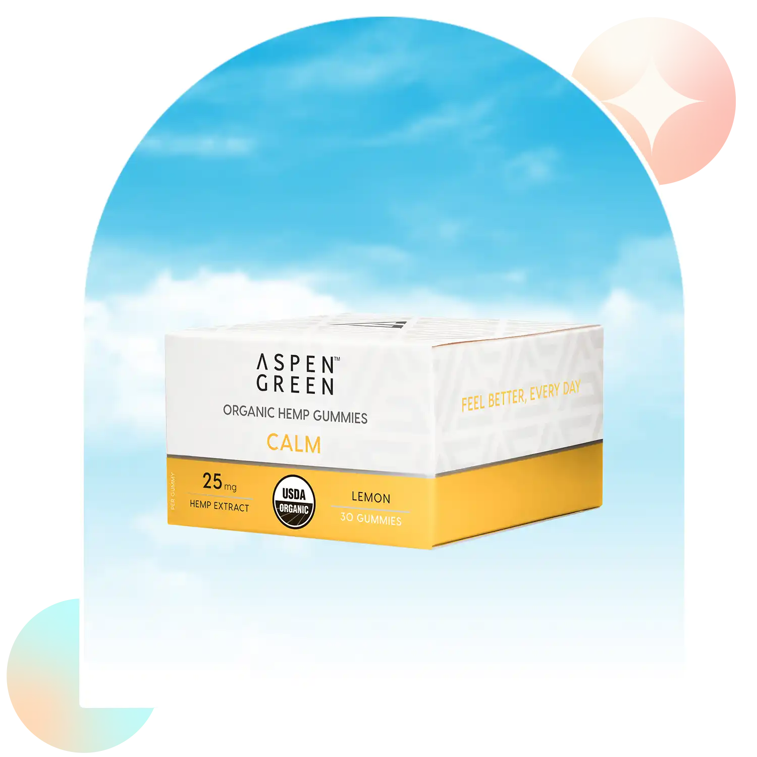 Aspen Green Calm Full Spectrum CBD Gummies box; USDA Certified Organic, Lemon flavor, 30 gummies.