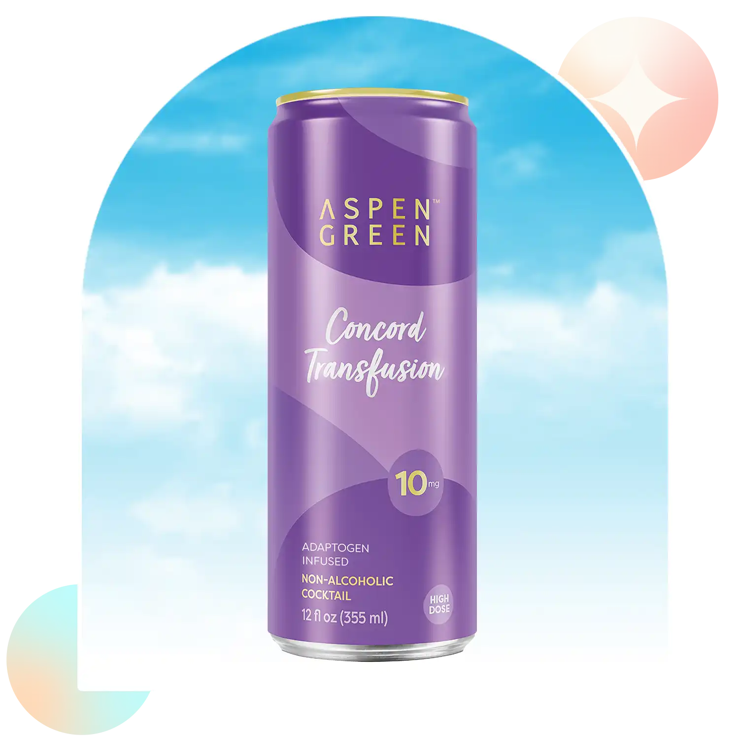 Aspen Green Concord Transfusion 10mg THC drink against a blue sky background