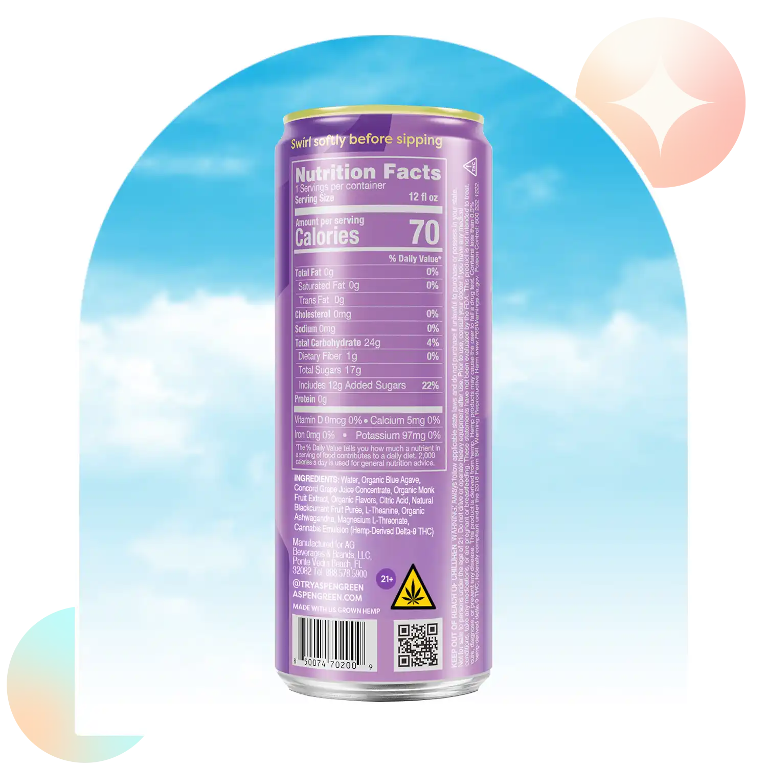 Aspen Green Concord Transfusion THC drink nutrition facts against a blue sky background