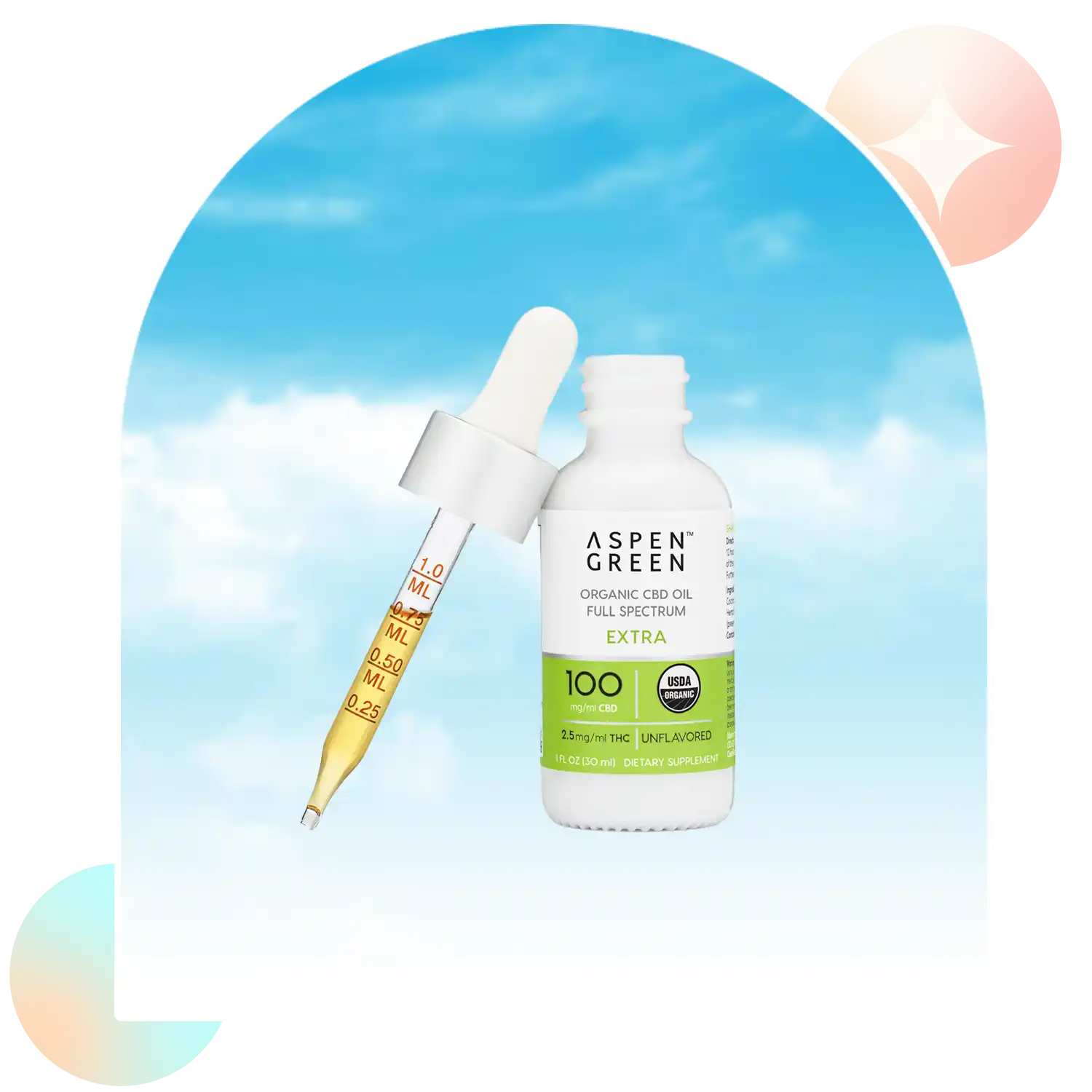 Aspen Green Extra Unflavored CBD Oil tincture bottle with a dropper leaning against the bottle.