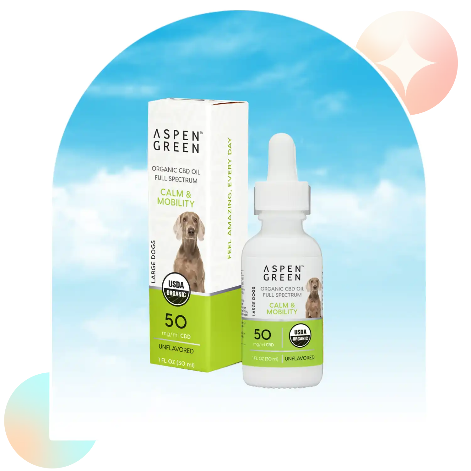 Aspen Green Calm & Mobility Large Dogs CBD Oil - USDA Certified Organic, Unflavored - Bottle and Box