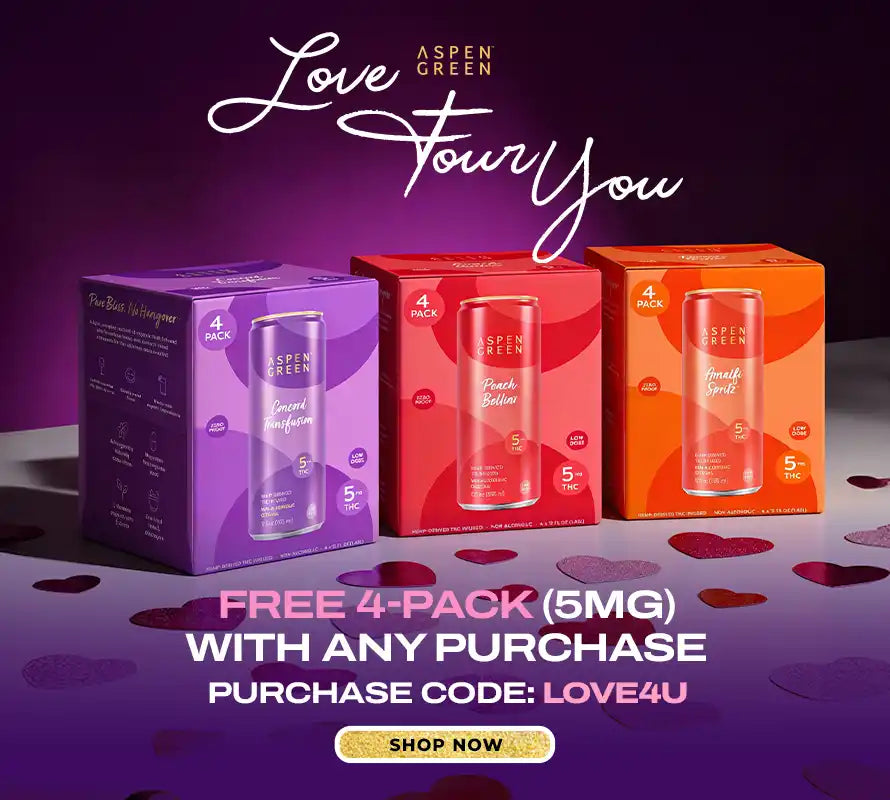 'Love 4U' text promoting Free 4-Pack (5mg) with three boxes of Aspen Green THC drinks