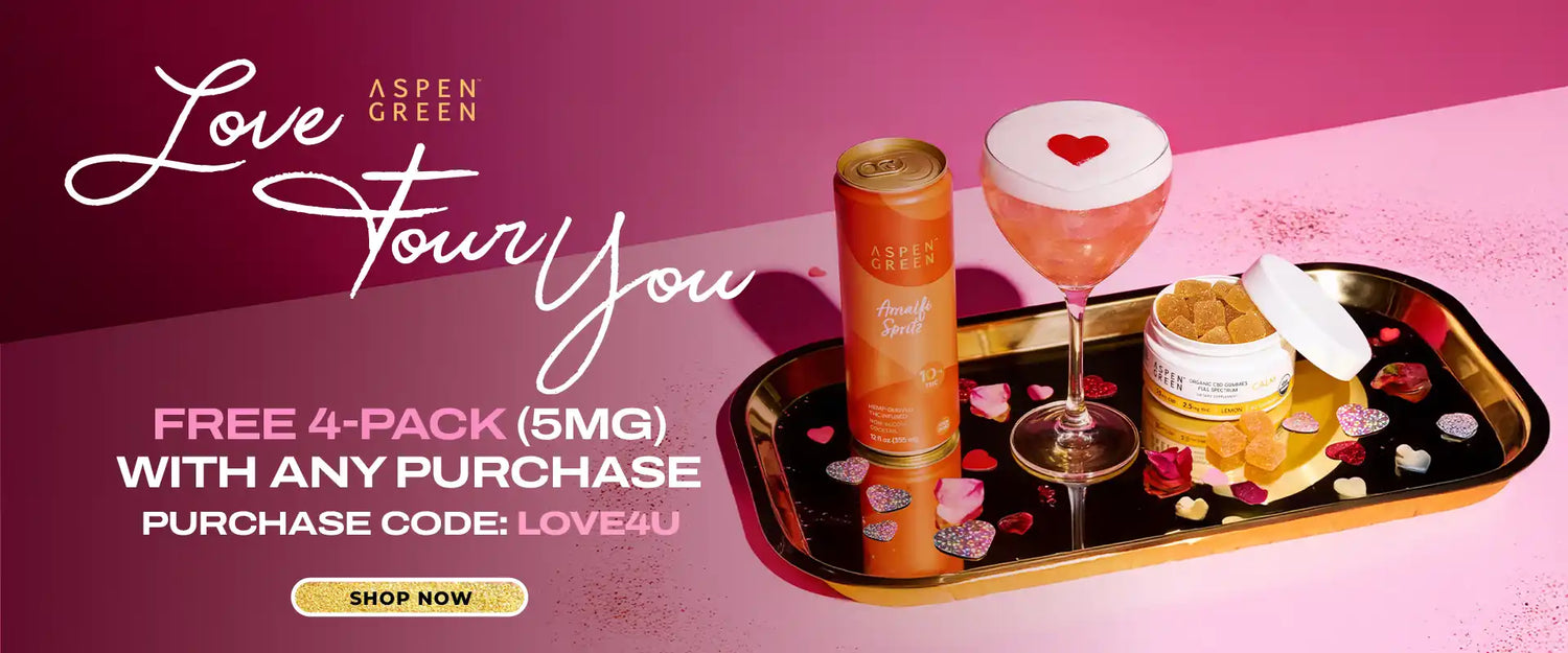 'Love 4U' text promoting Free 4-Pack (5mg) on a pink background.