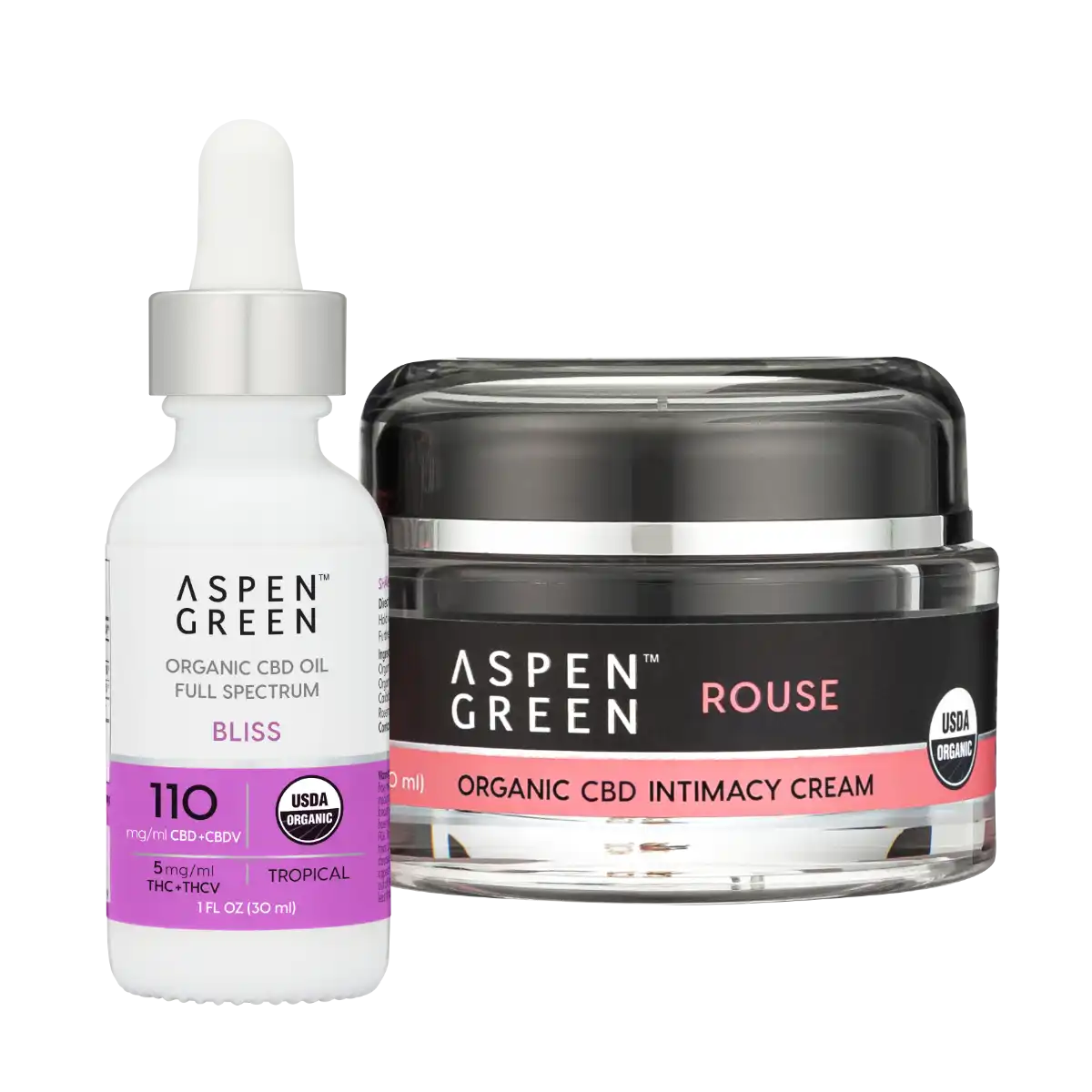 Aspen Green's Passion Bundle featuring USDA Certified Organic CBD Rouse Intimacy Cream and Bliss Oil.