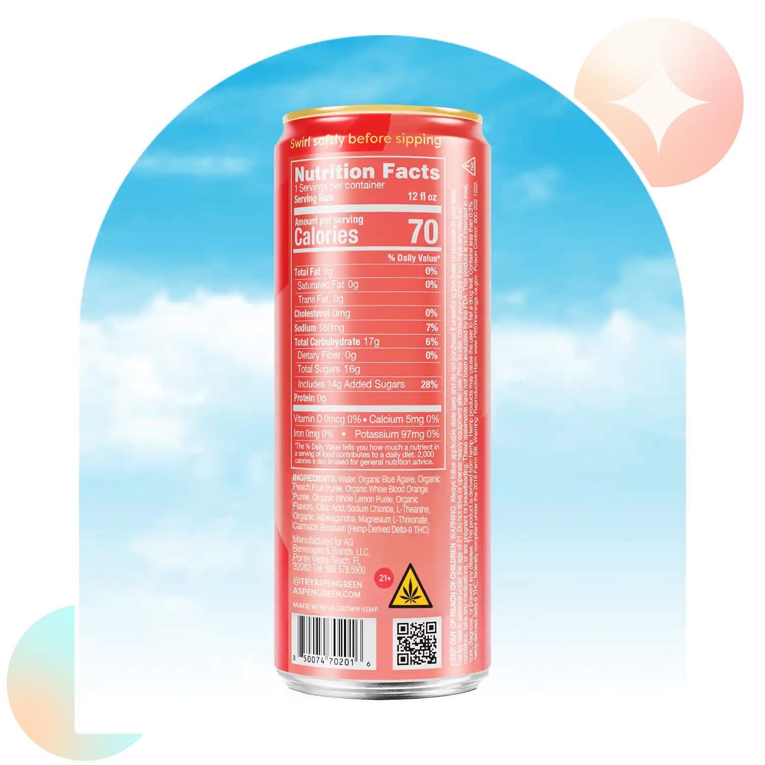 Aspen Green Peach Bellini THC drink nutrition facts against a blue sky background