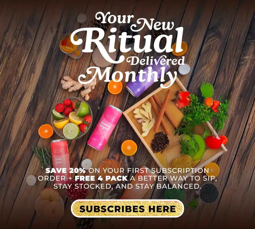Promotional banner for a monthly drink subscription plan with products and ingredients on a wooden surface.