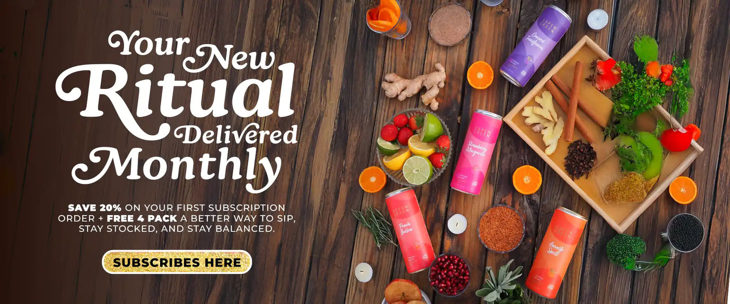 Promotional banner for a monthly drink subscription plan with products and ingredients on a wooden surface.