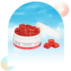 Open jar of Aspen Green Relief Full Spectrum CBD Gummies with 3 gummies beside it; USDA Certified Organic, Cherry flavor, 30 count.