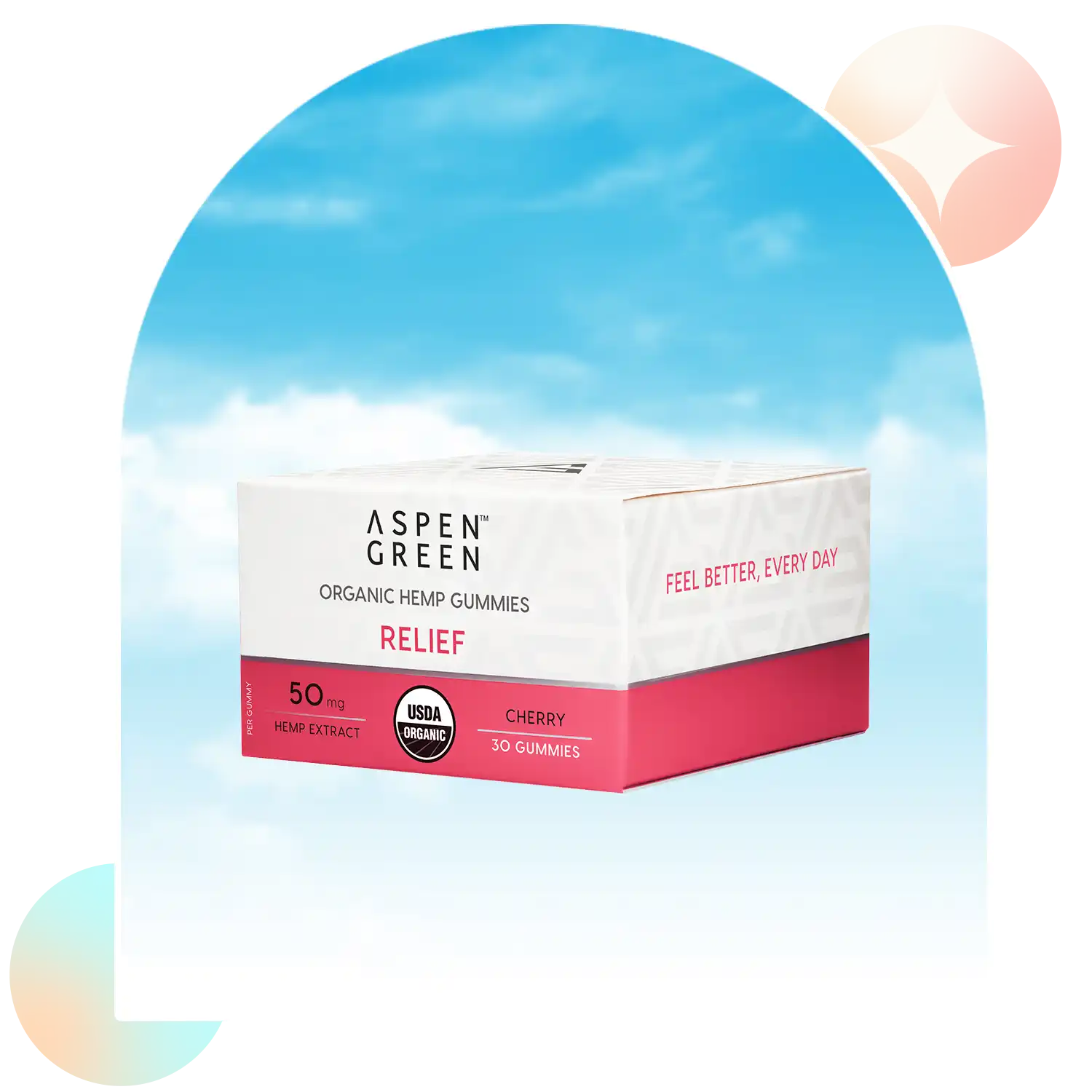 Aspen Green Relief Full Spectrum CBD Gummies box; USDA Certified Organic, Lemon flavor, 30 gummies.