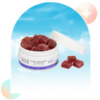 Open jar of Aspen Green Rest Full Spectrum CBD Gummies with 3 gummies beside it; USDA Certified Organic, Berry flavor, 30 count.