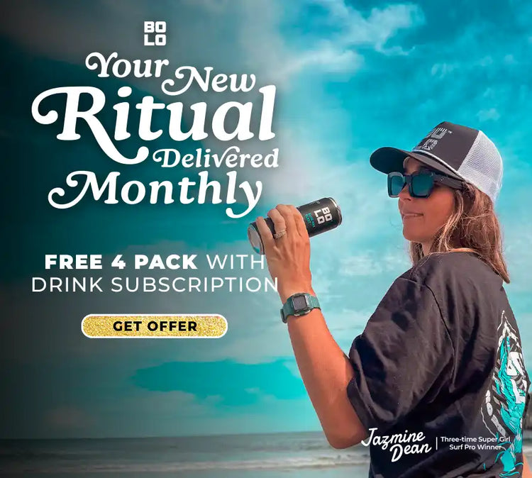 Jazmine Dean holding a BOLO drink with promotional text for a monthly drink subscription on a beach background