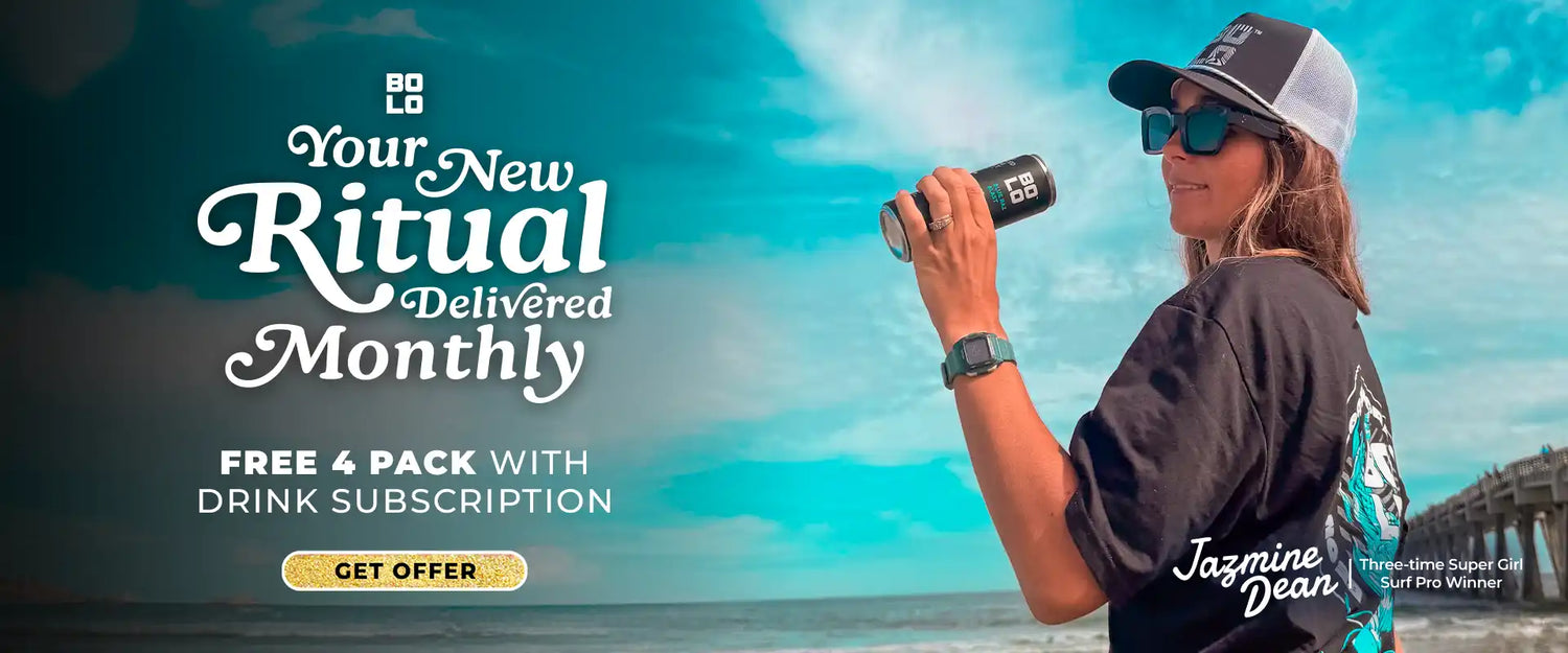 Jazmine Dean holding a BOLO drink with promotional text for a monthly drink subscription on a beach background