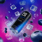 BOLO Blue Raz Blast THC-Infused Drink Surrounded by Ice and Blue Raspberries