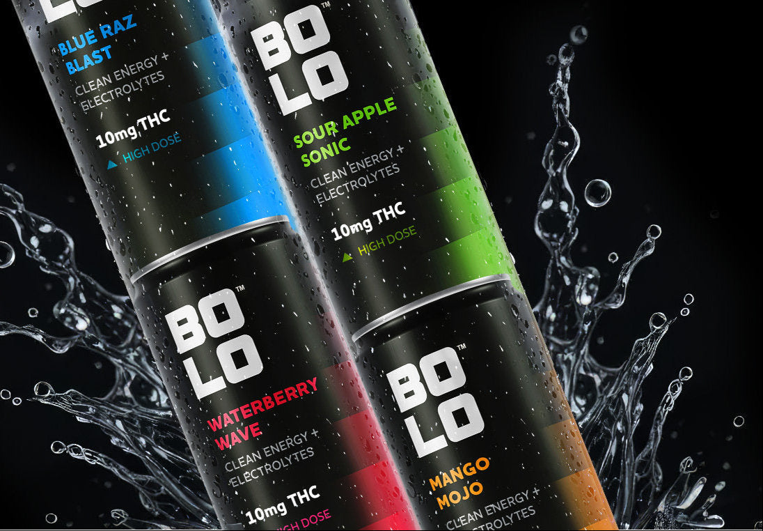 Four BOLO THC drink cans in assorted flavors on black background with water splashes