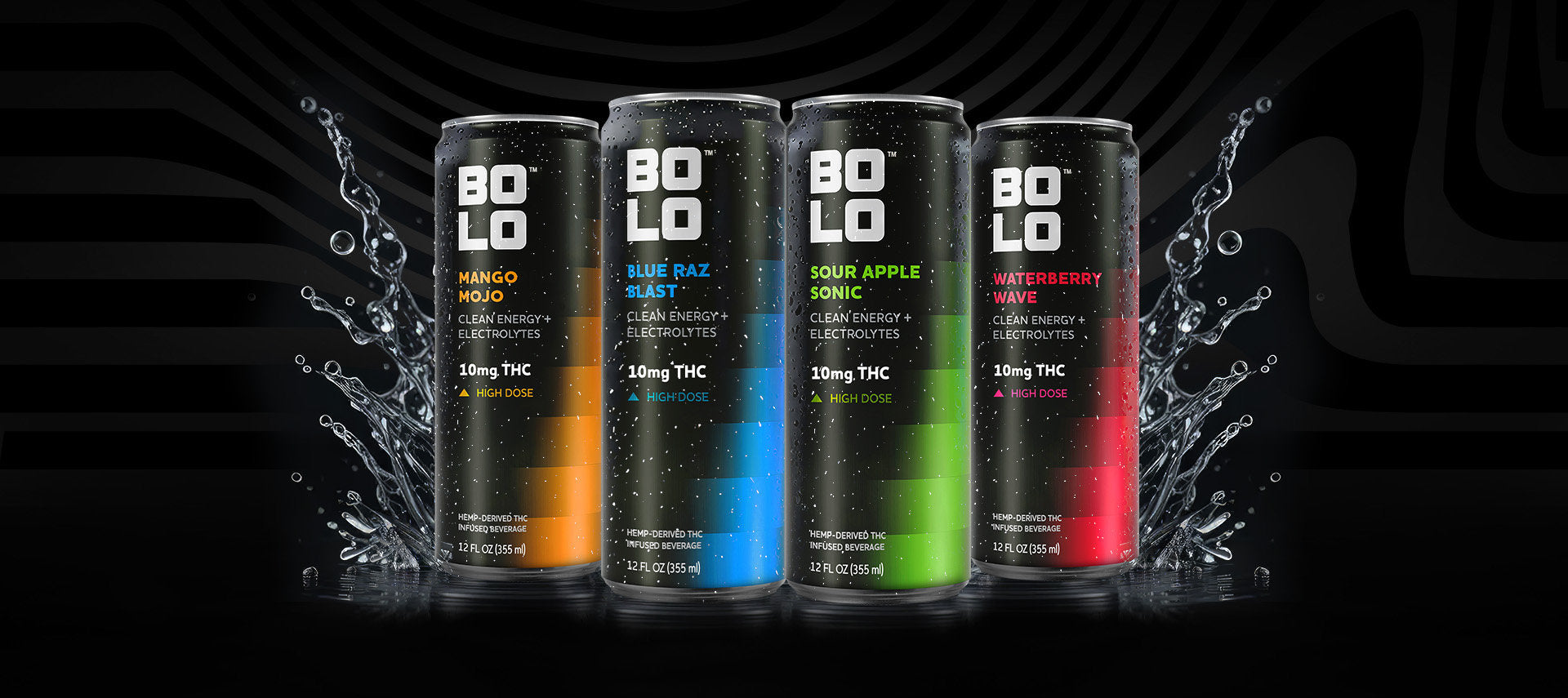 BOLO 10mg THC drink can lineup featuring all four flavors – Blue Raz Blast, Sour Apple Sonic, Mango Mojo, Waterberry Wave