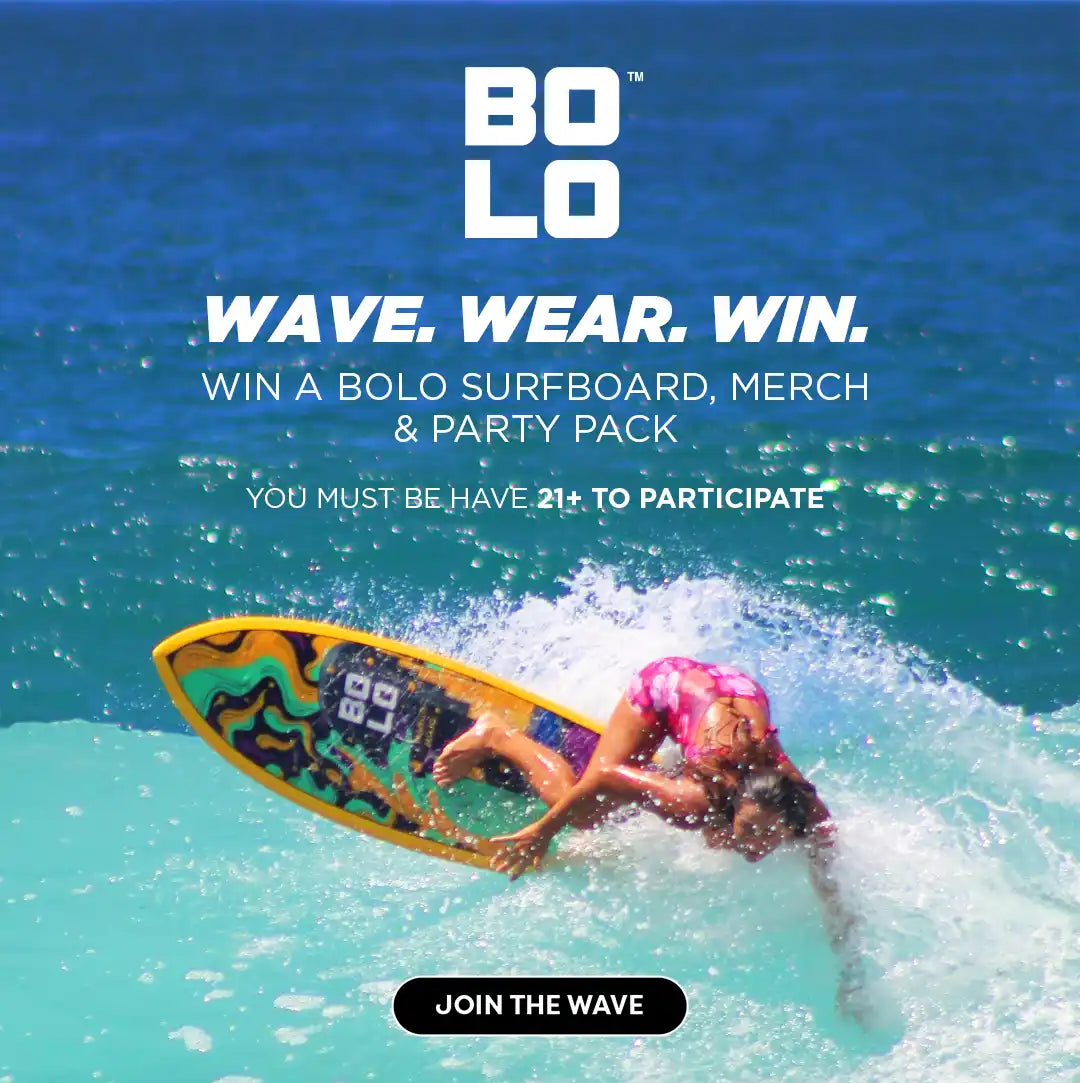 Contest banner promoting Free BOLO surfboard giveaway with Jazmine riding BOLO surfboard