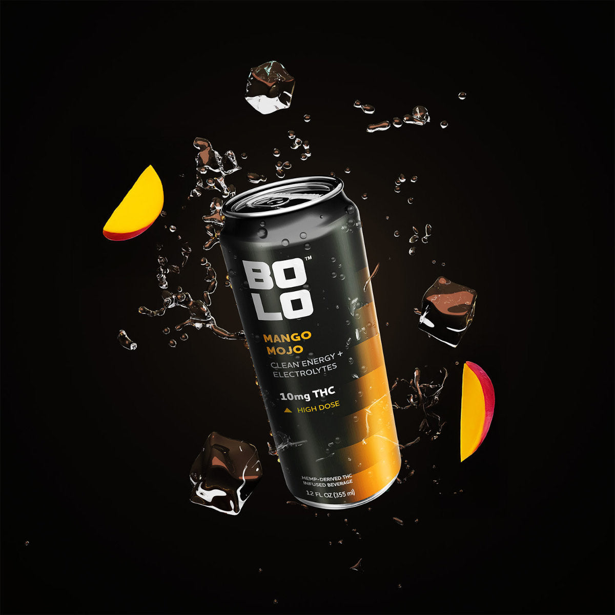 BOLO Mango Mojo THC drink can with ice cubes on a black background