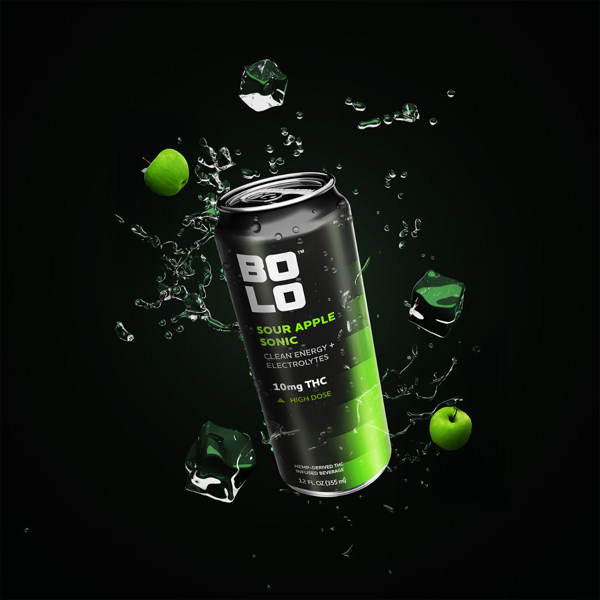 BOLO Sour Apple Sonic THC drink can with ice cubes on a black background