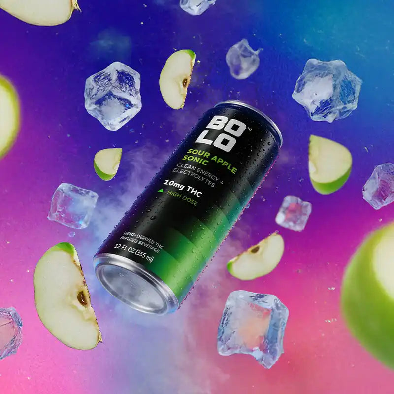 BOLO Sour Apple Sonic THC-Infused Drink Surrounded by Ice and Apple Slices