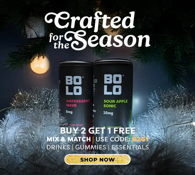 Two cans of Bolo drinks with holiday decorations and text overlay on a dark background.